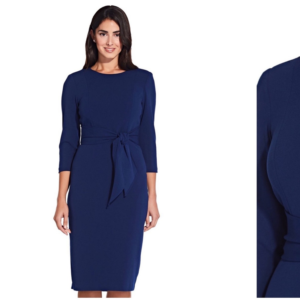 Blue 3/4 Sleeve Tie Waist Sheath Dress